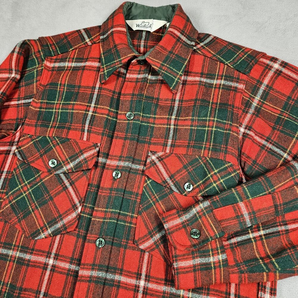Vintage Woolrich Shirt Mens Small Button Down Wool Blend Shacket Red Green USA